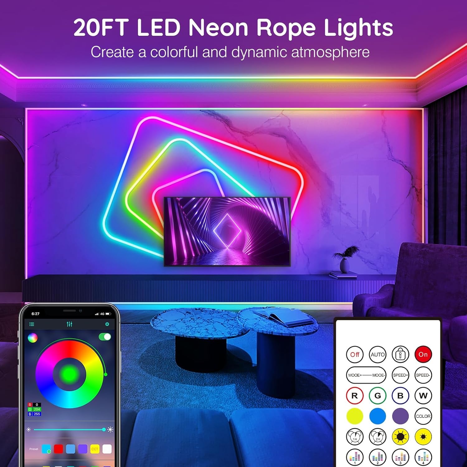 20Ft Neon Rope Lights,Flexible Led Rope Lights Control with App/Remote,Multiple Modes Music Sync Gaming RGB Led Neon Lights for Bedroom Outdoor