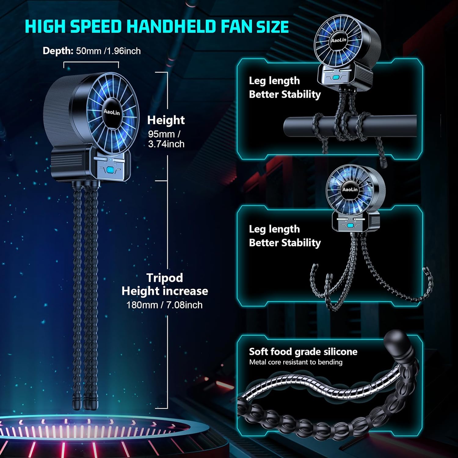 2 Pack Portable Stroller Fan - 4 Speed USB Rechargeable Mini Handheld Fan with Extended Tripod for Travel, Kids, Treadmill, and Golf Cart